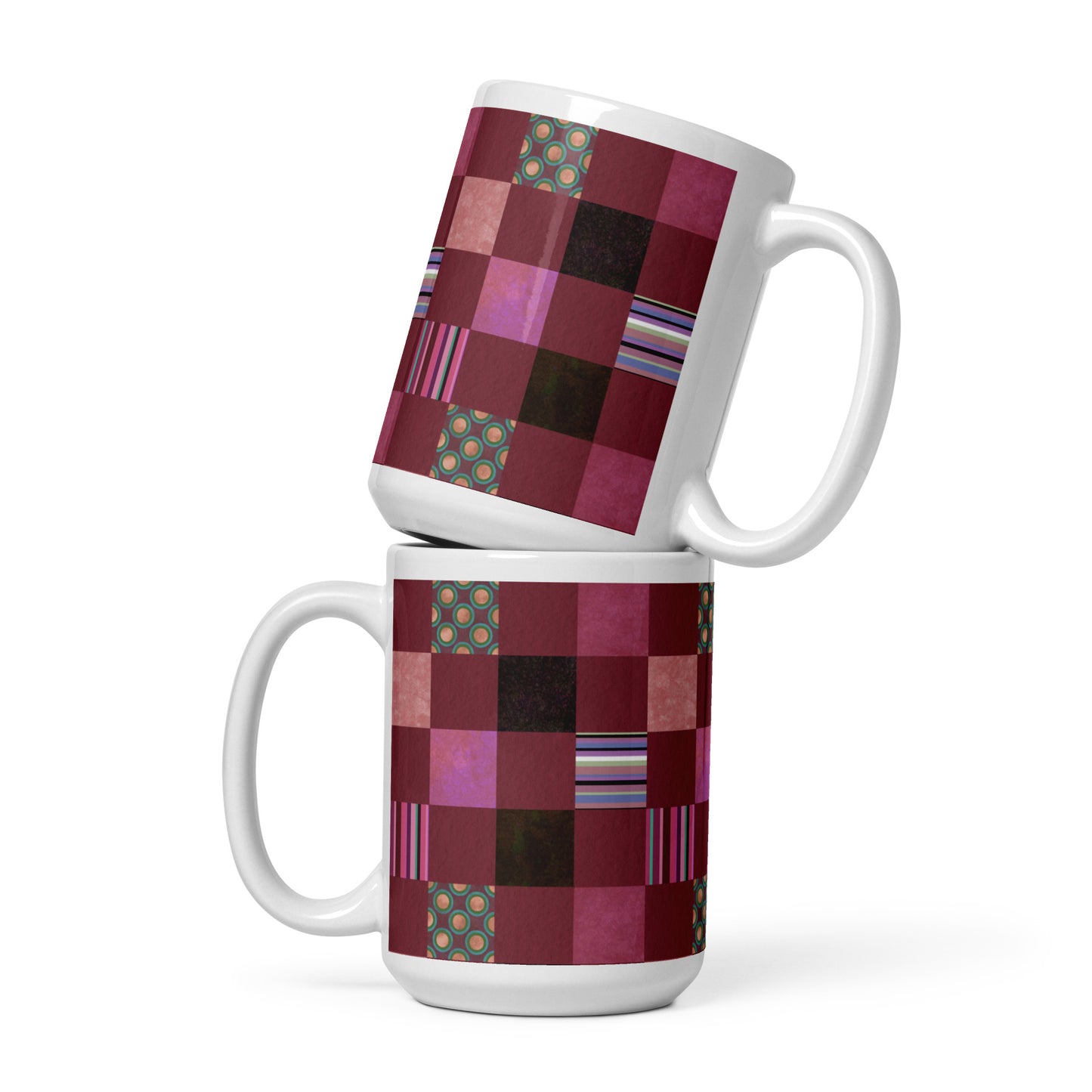 Mug cup (white) / striped or polka dot checker pattern / reddish-brown