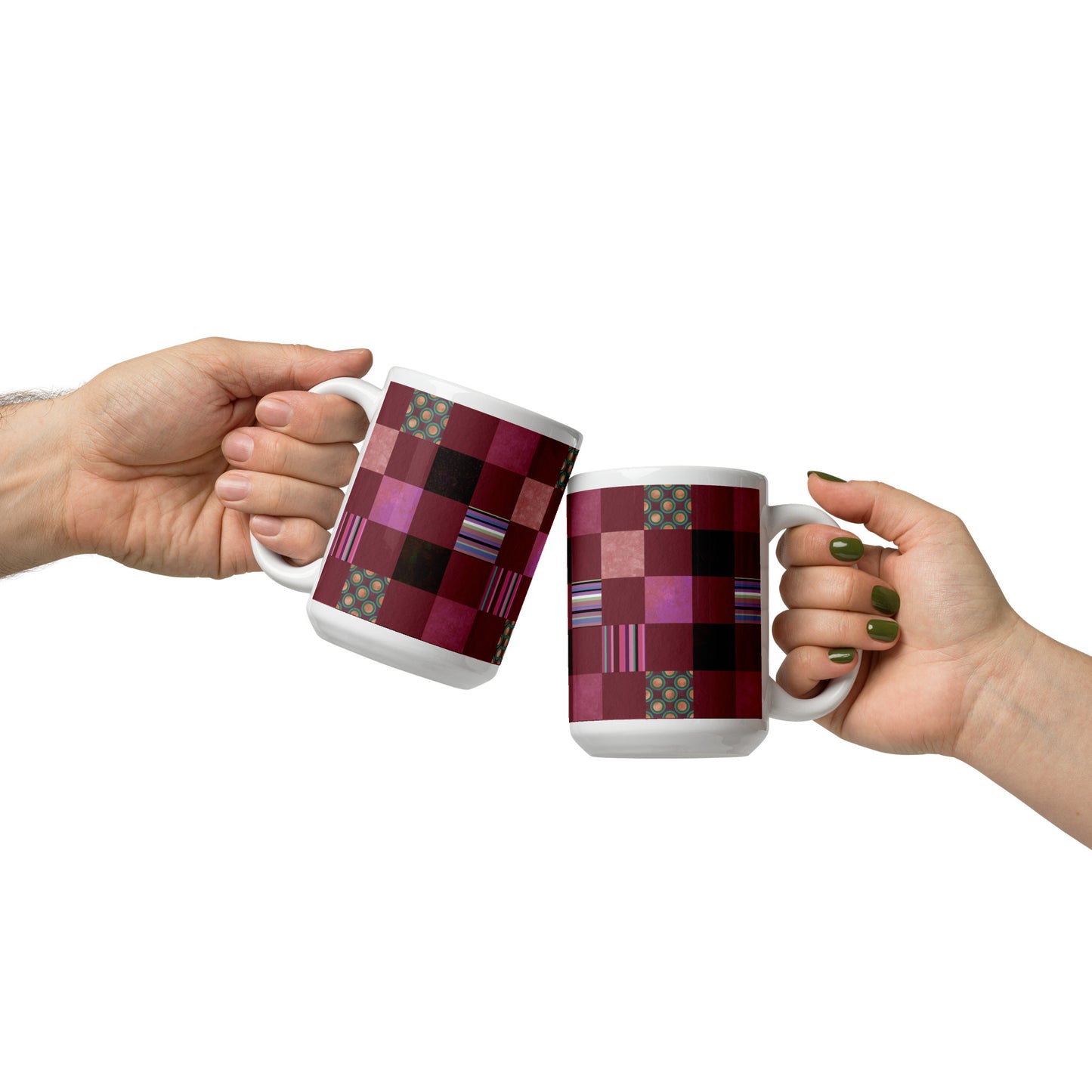 Mug cup (white) / striped or polka dot checker pattern / reddish-brown