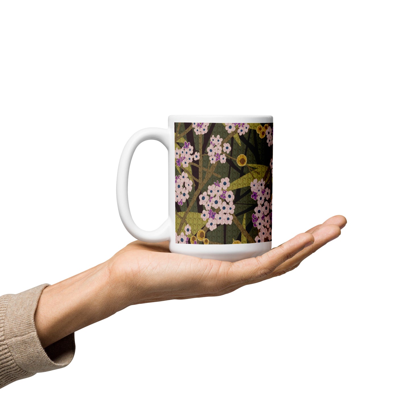 Mug cup (white) / small flowers / muted green