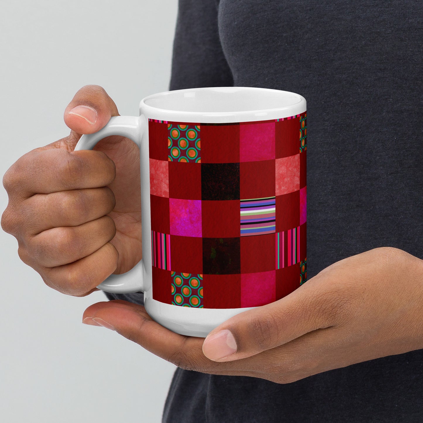 Mug cup (white) / Striped or polka dot grid pattern / Red