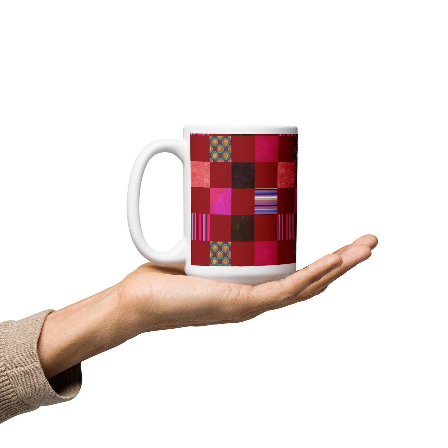 Mug cup (white) / Striped or polka dot grid pattern / Red