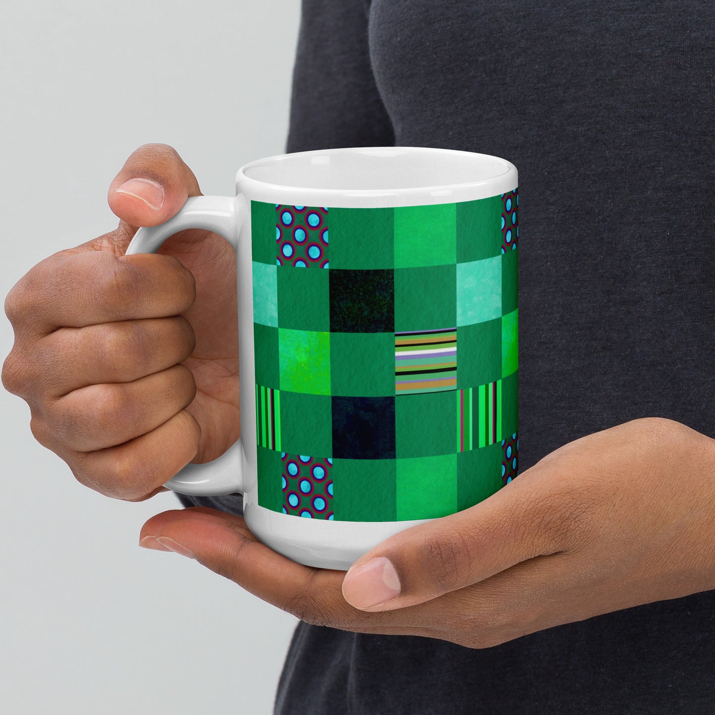 Mug cup (white) / Striped or polka dot grid pattern / Green