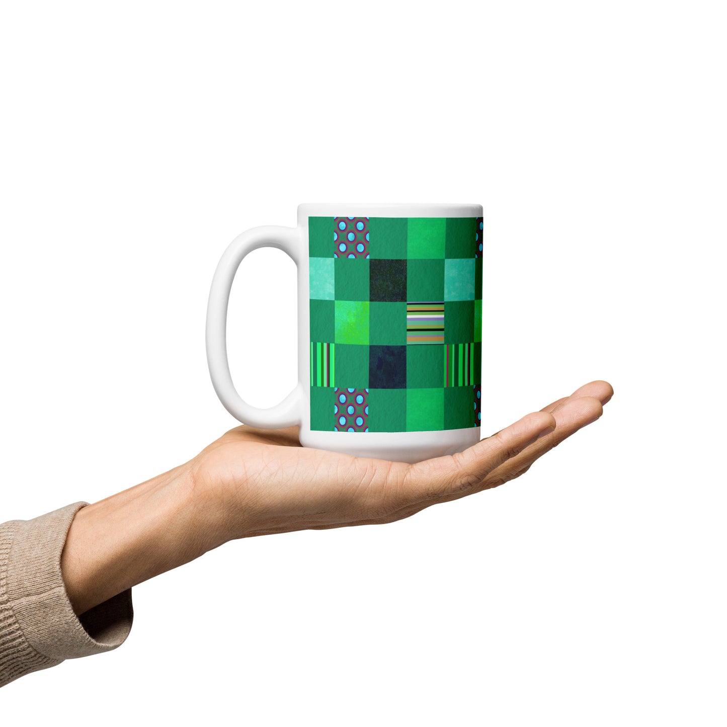 Mug cup (white) / Striped or polka dot grid pattern / Green