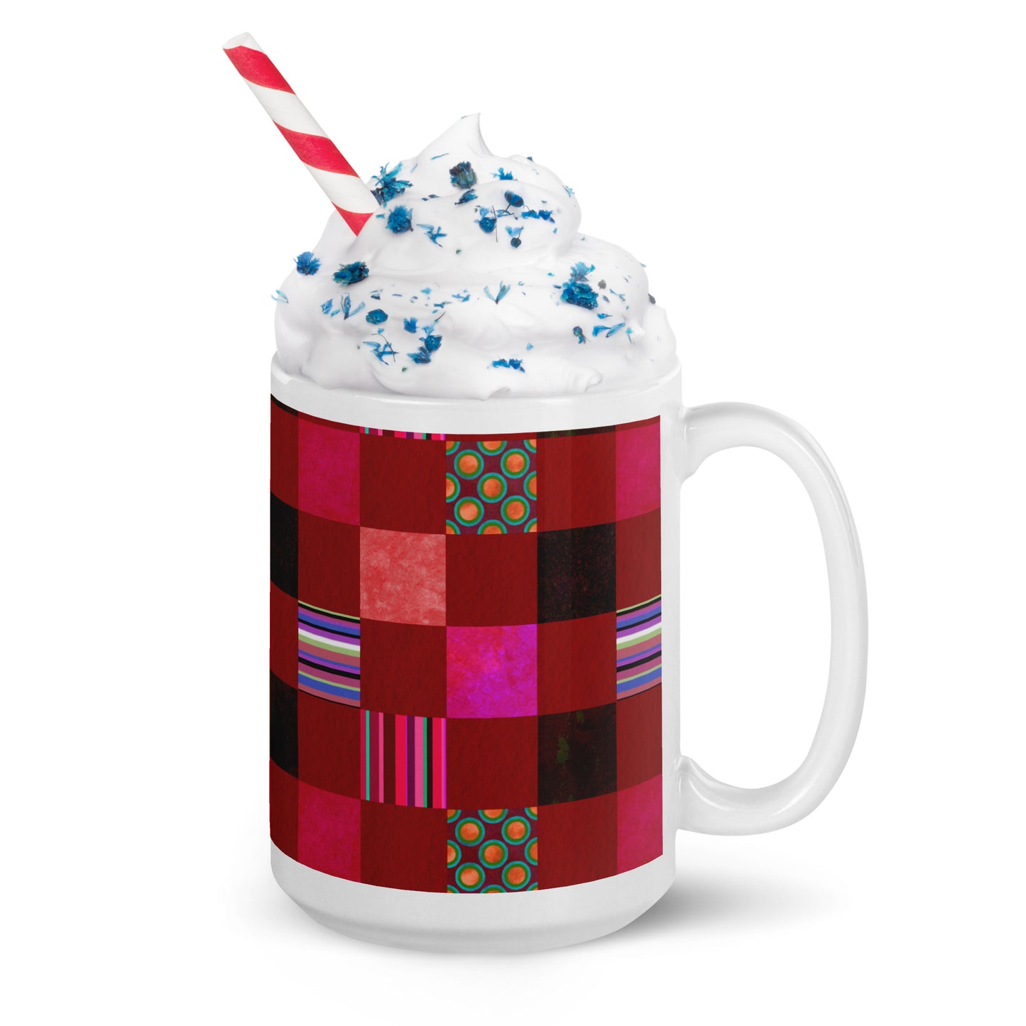 Mug cup (white) / Striped or polka dot grid pattern / Red