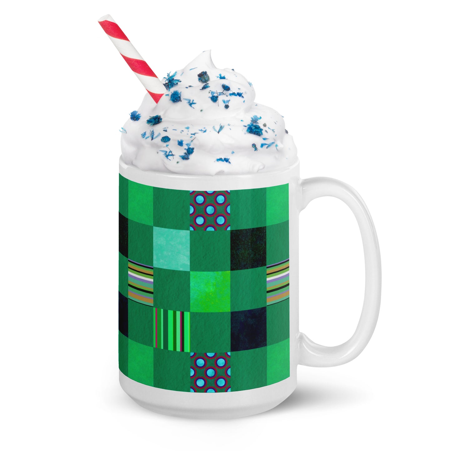 Mug cup (white) / Striped or polka dot grid pattern / Green