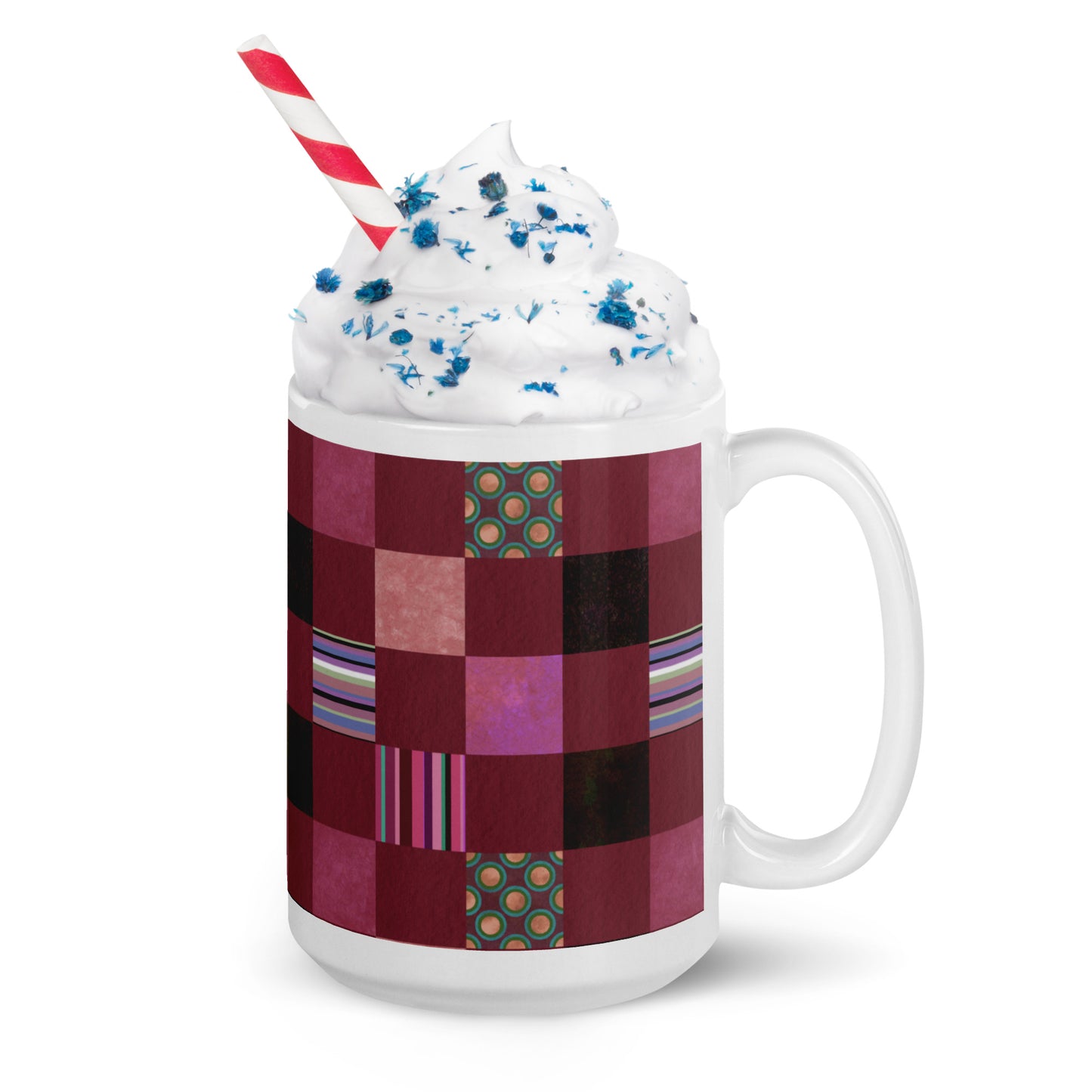 Mug cup (white) / striped or polka dot checker pattern / reddish-brown