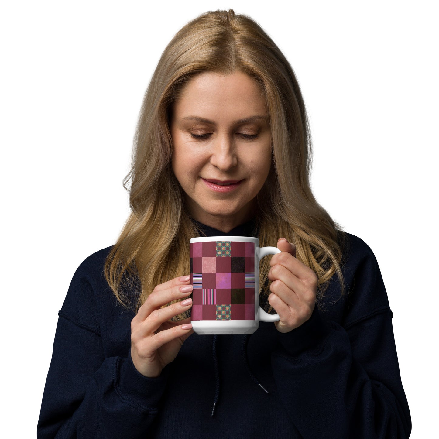 Mug cup (white) / striped or polka dot checker pattern / reddish-brown