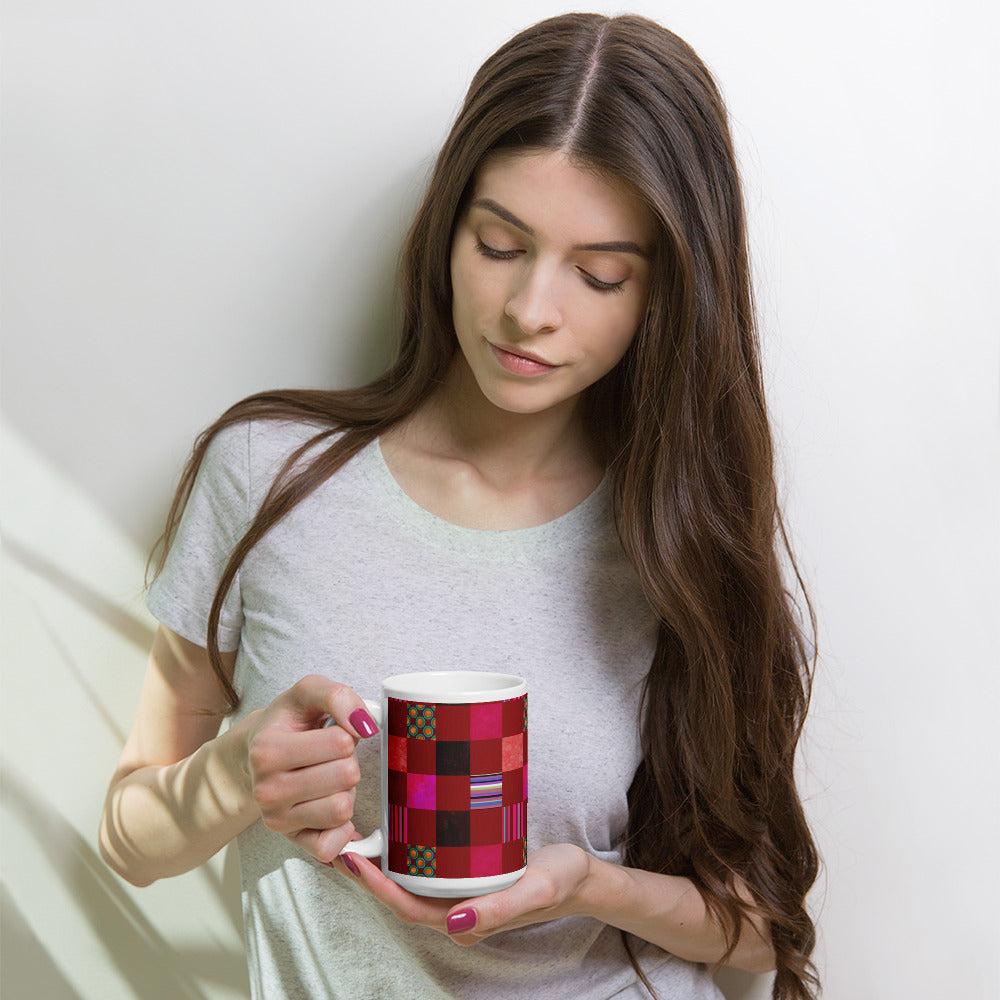 Mug cup (white) / Striped or polka dot grid pattern / Red