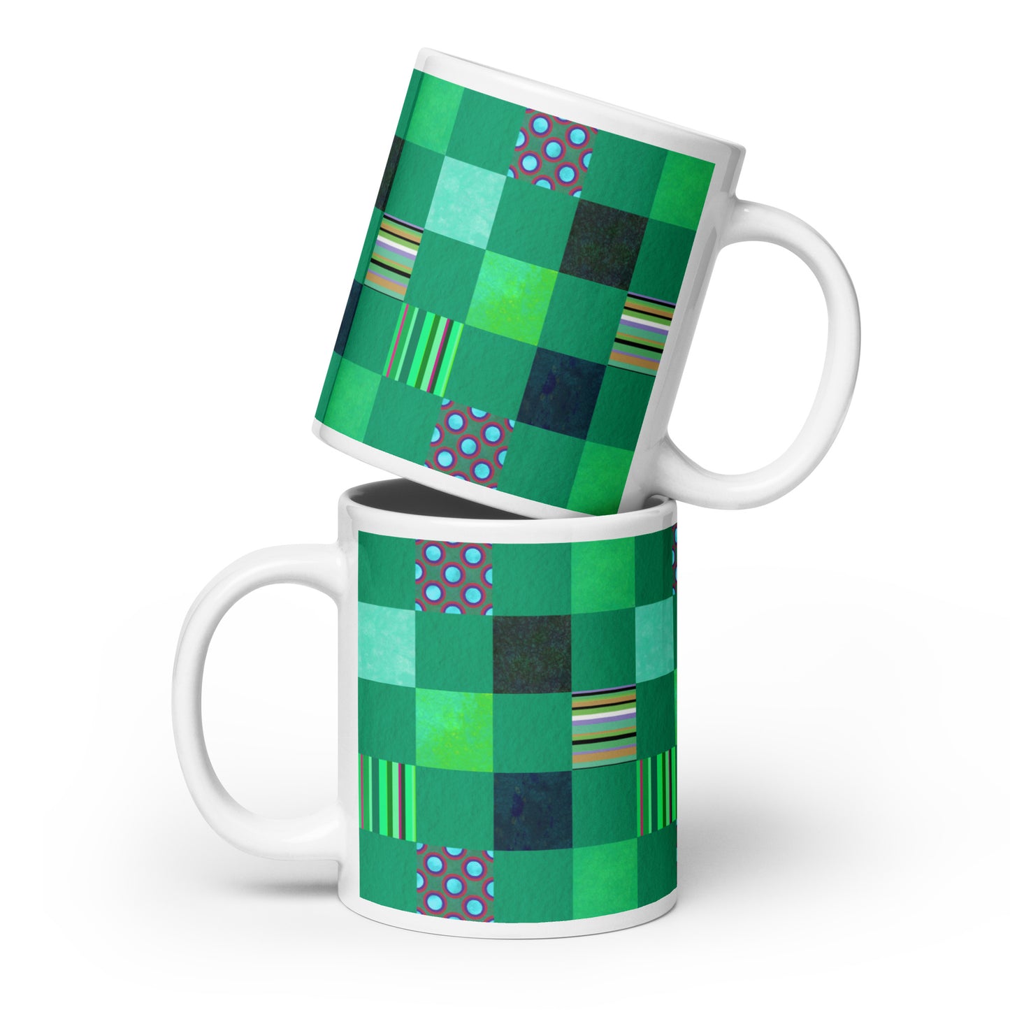 Mug cup (white) / Striped or polka dot grid pattern / Green