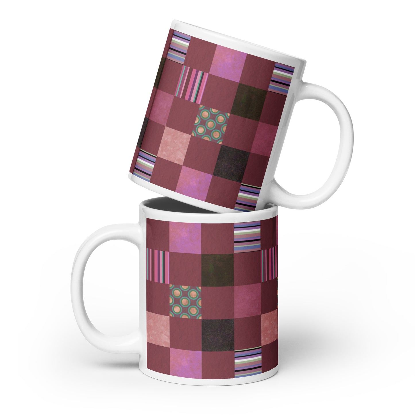 Mug cup (white) / striped or polka dot checker pattern / reddish-brown