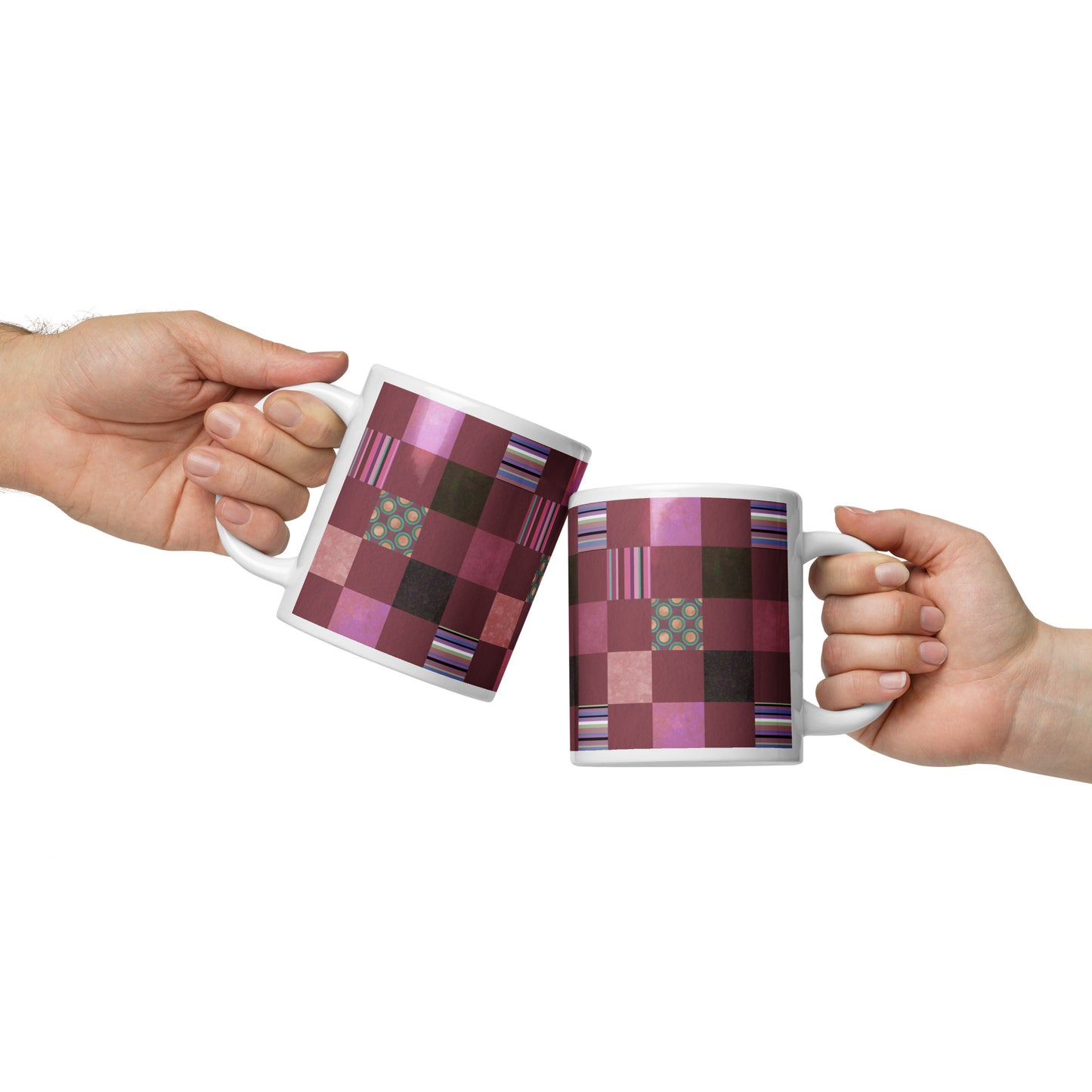 Mug cup (white) / striped or polka dot checker pattern / reddish-brown