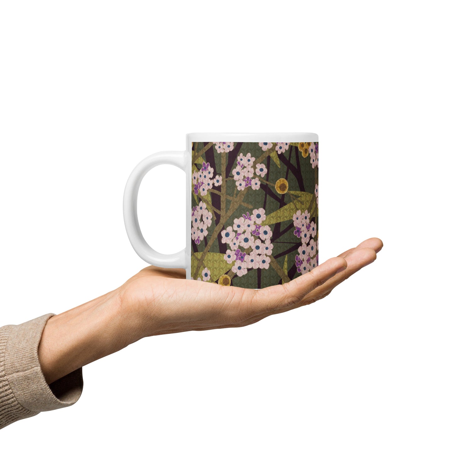 Mug cup (white) / small flowers / muted green