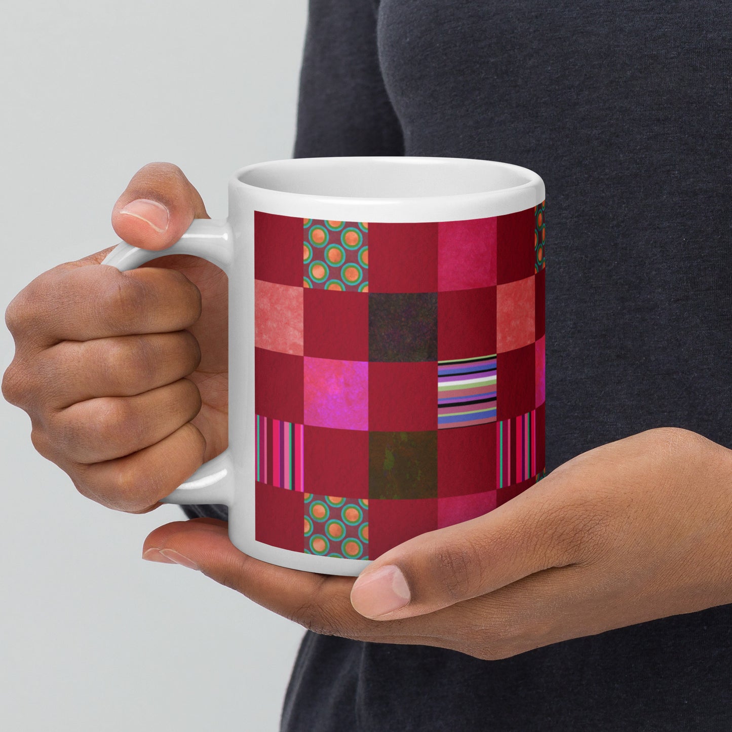 Mug cup (white) / Striped or polka dot grid pattern / Red