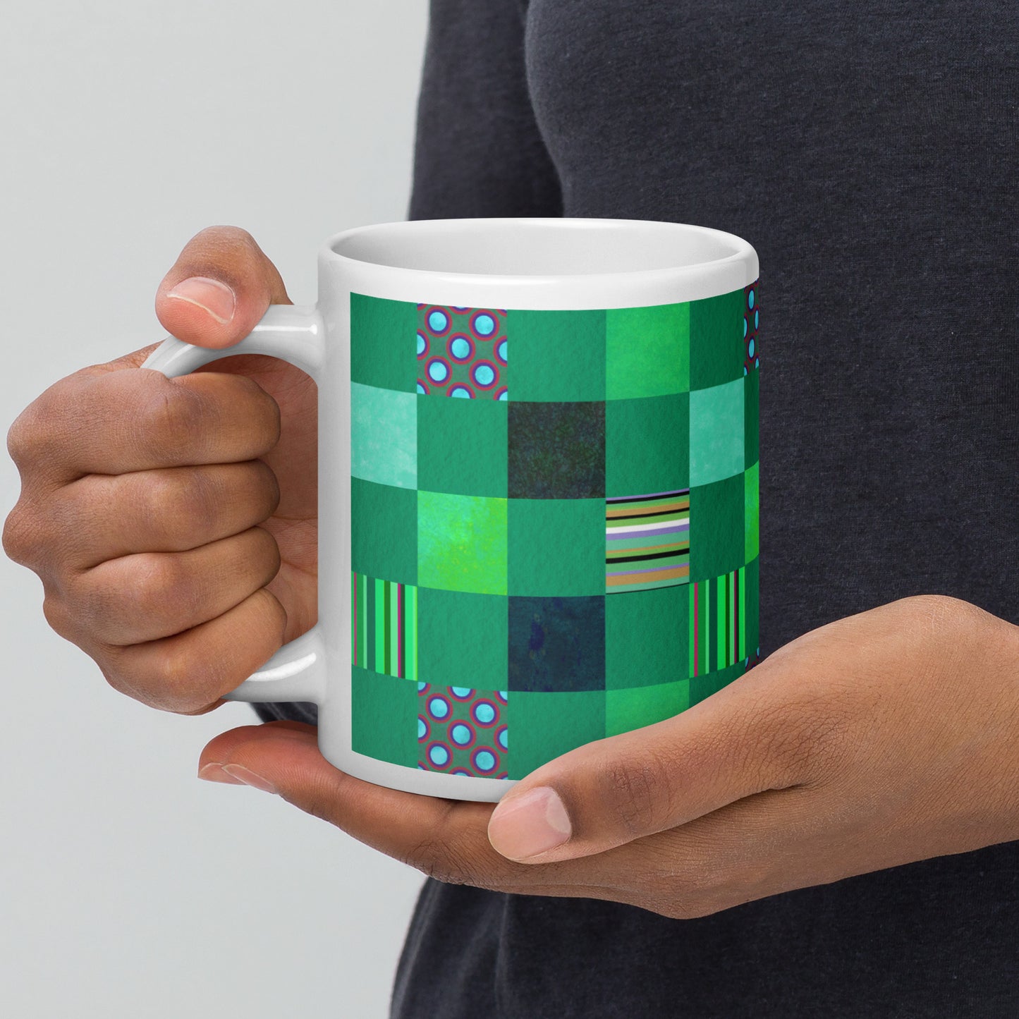 Mug cup (white) / Striped or polka dot grid pattern / Green