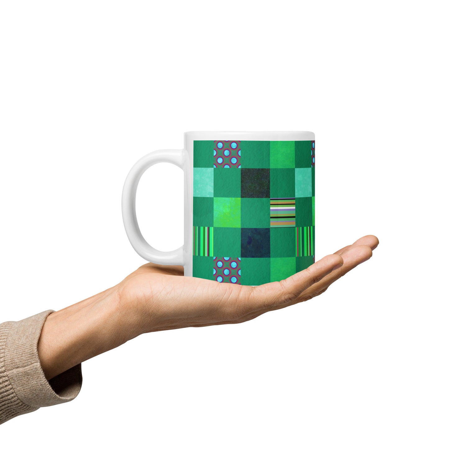 Mug cup (white) / Striped or polka dot grid pattern / Green