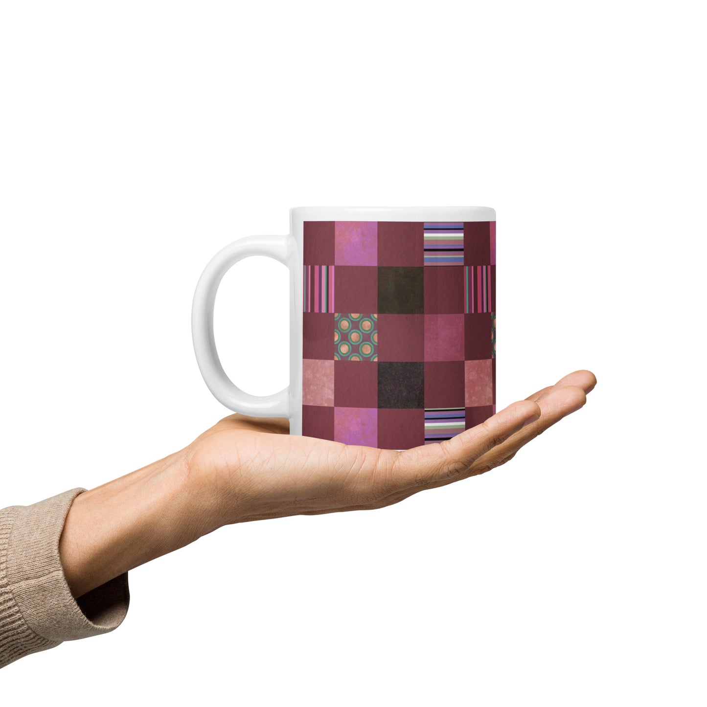 Mug cup (white) / striped or polka dot checker pattern / reddish-brown