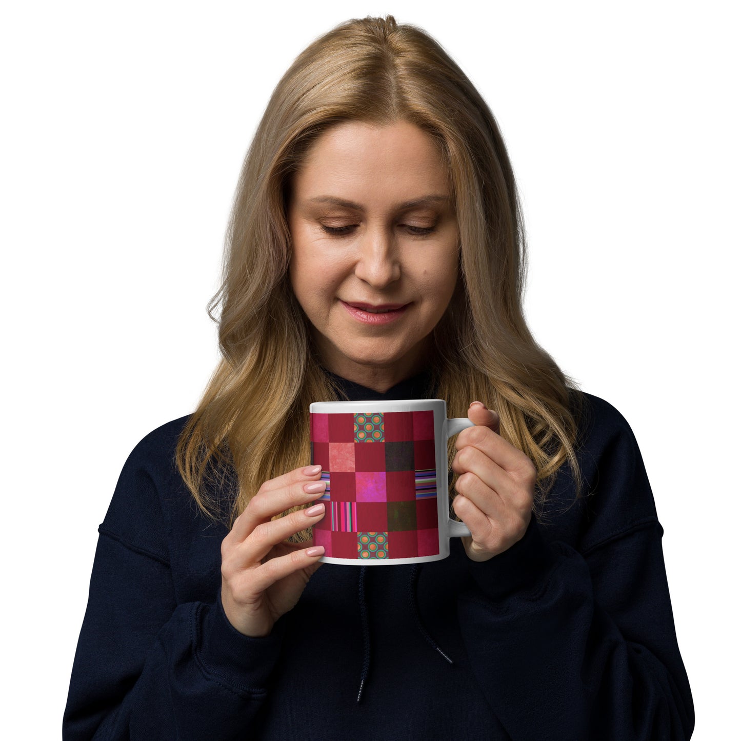 Mug cup (white) / Striped or polka dot grid pattern / Red