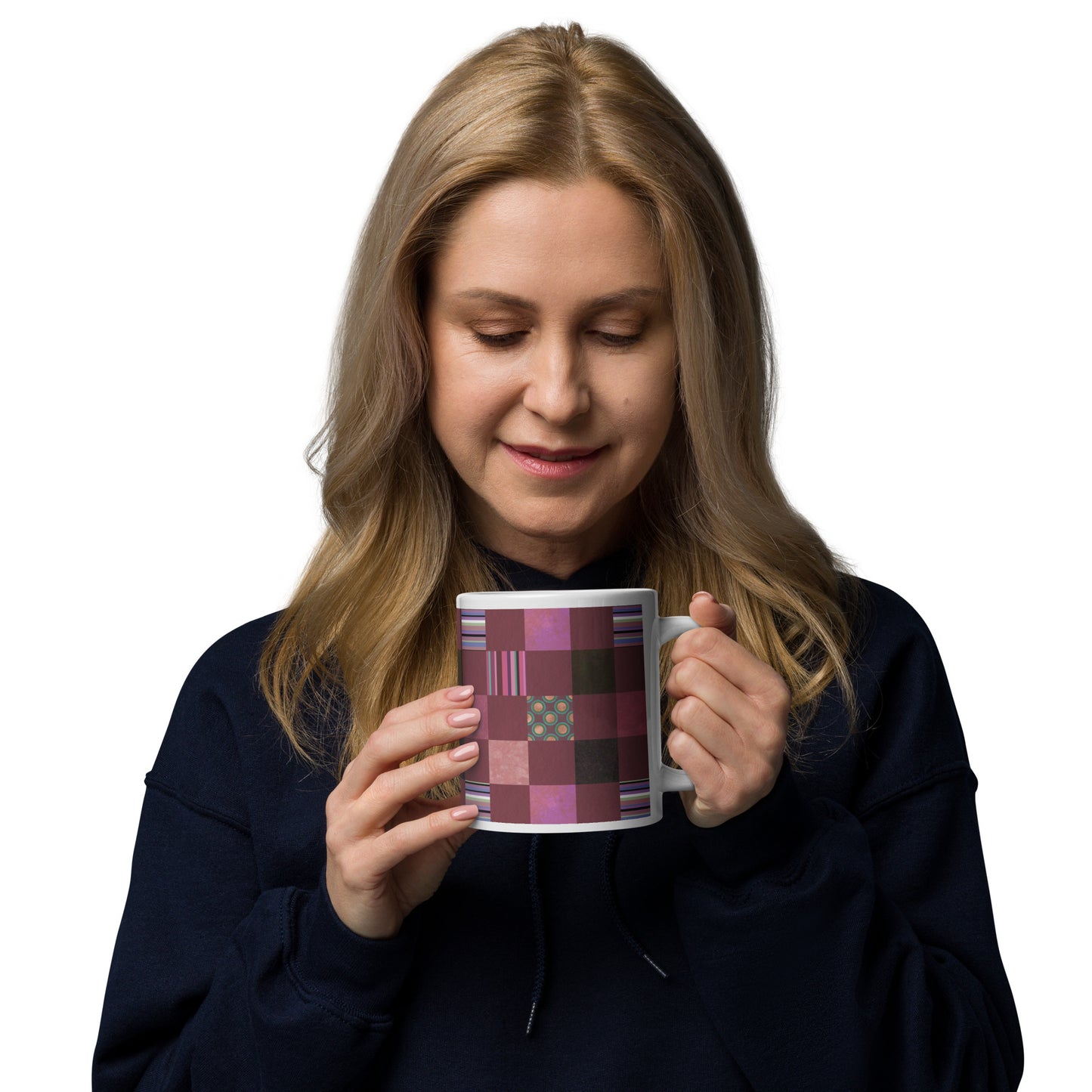 Mug cup (white) / striped or polka dot checker pattern / reddish-brown